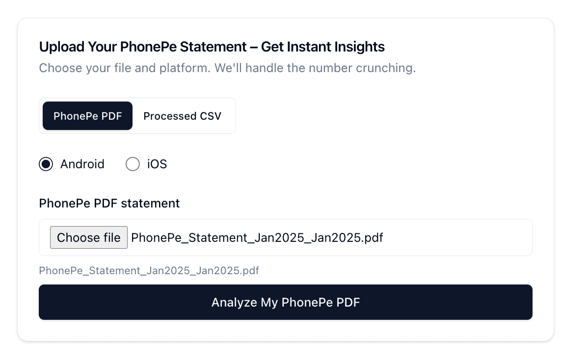 Upload PhonePe PDF or CSV screenshot